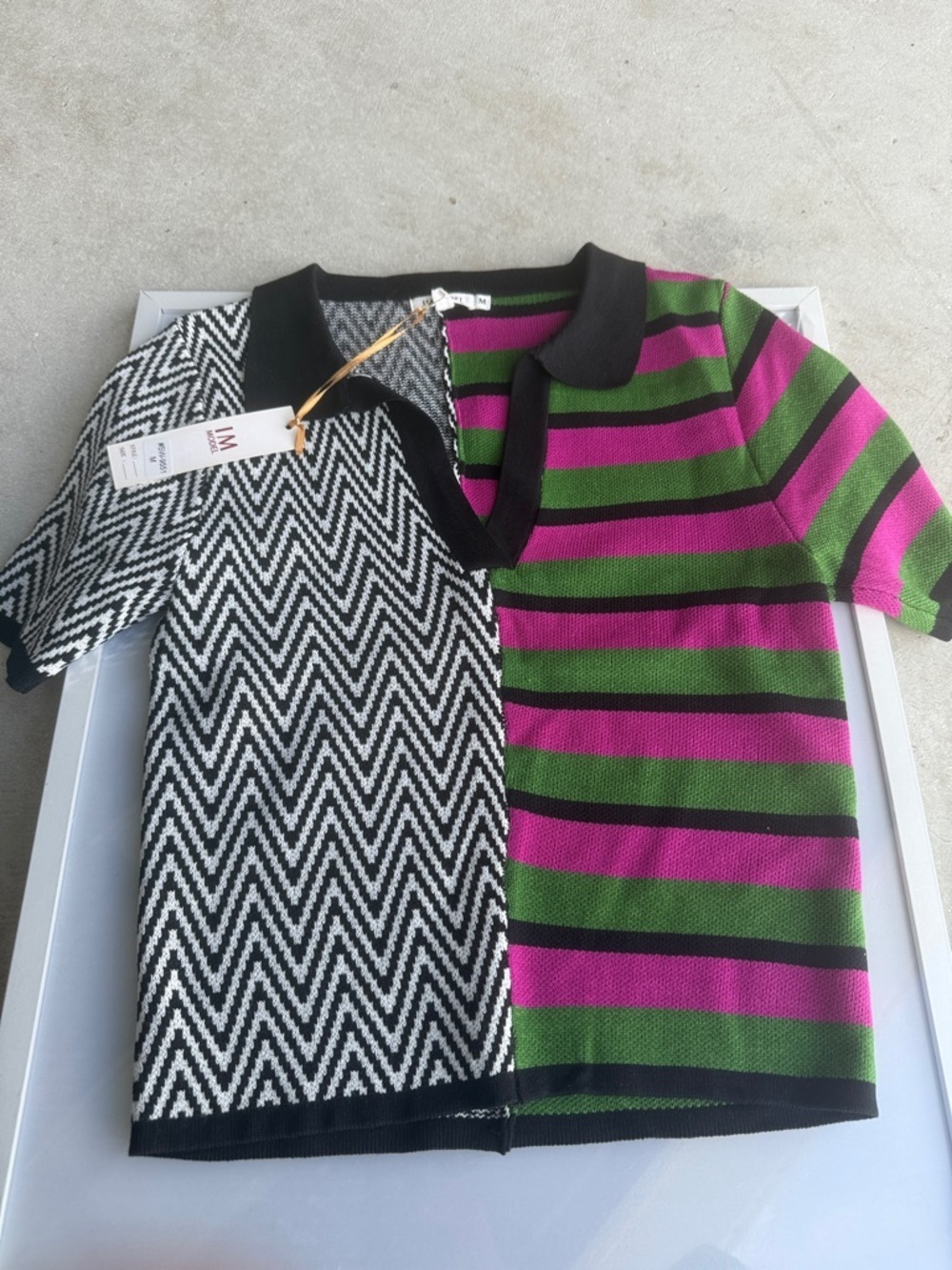 Graphic Half-&-Half Knit Top in Black, White, Green & Pink